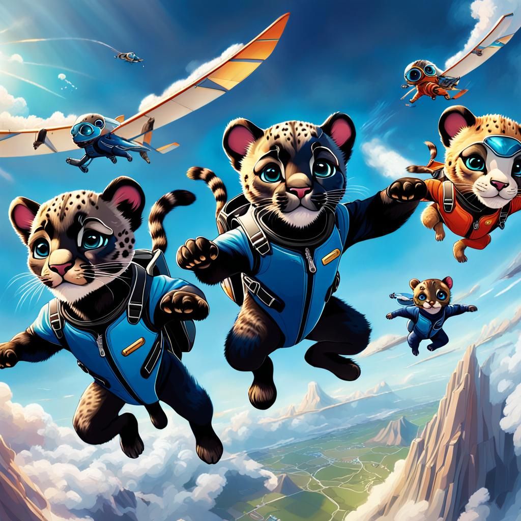 Panther Cubs Skydiving: Hyperrealistic Digital Art