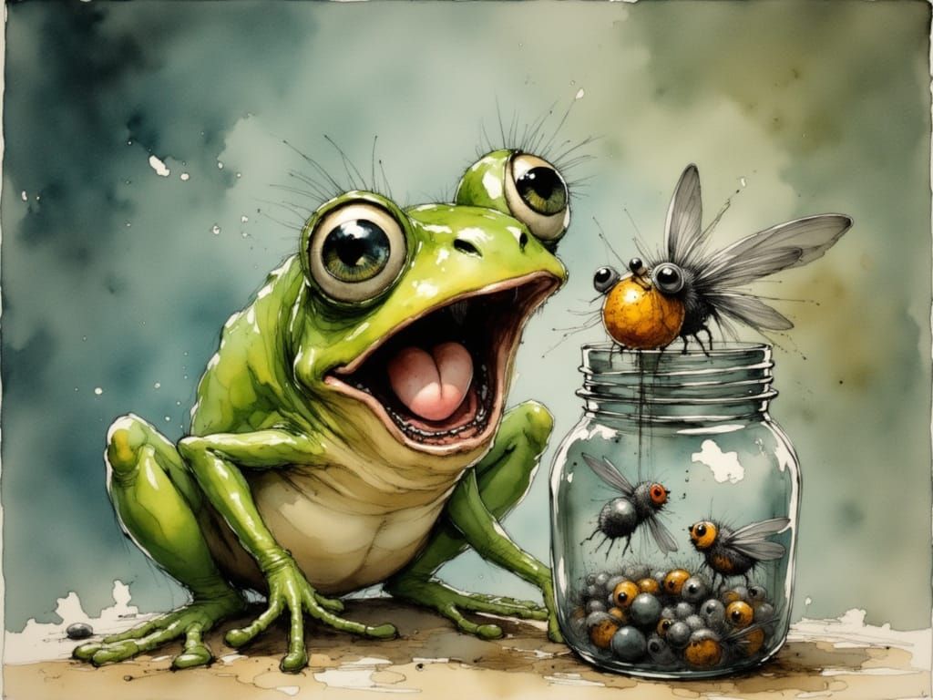 Frog in a Fly Jar: Whimsical Realism Illustration