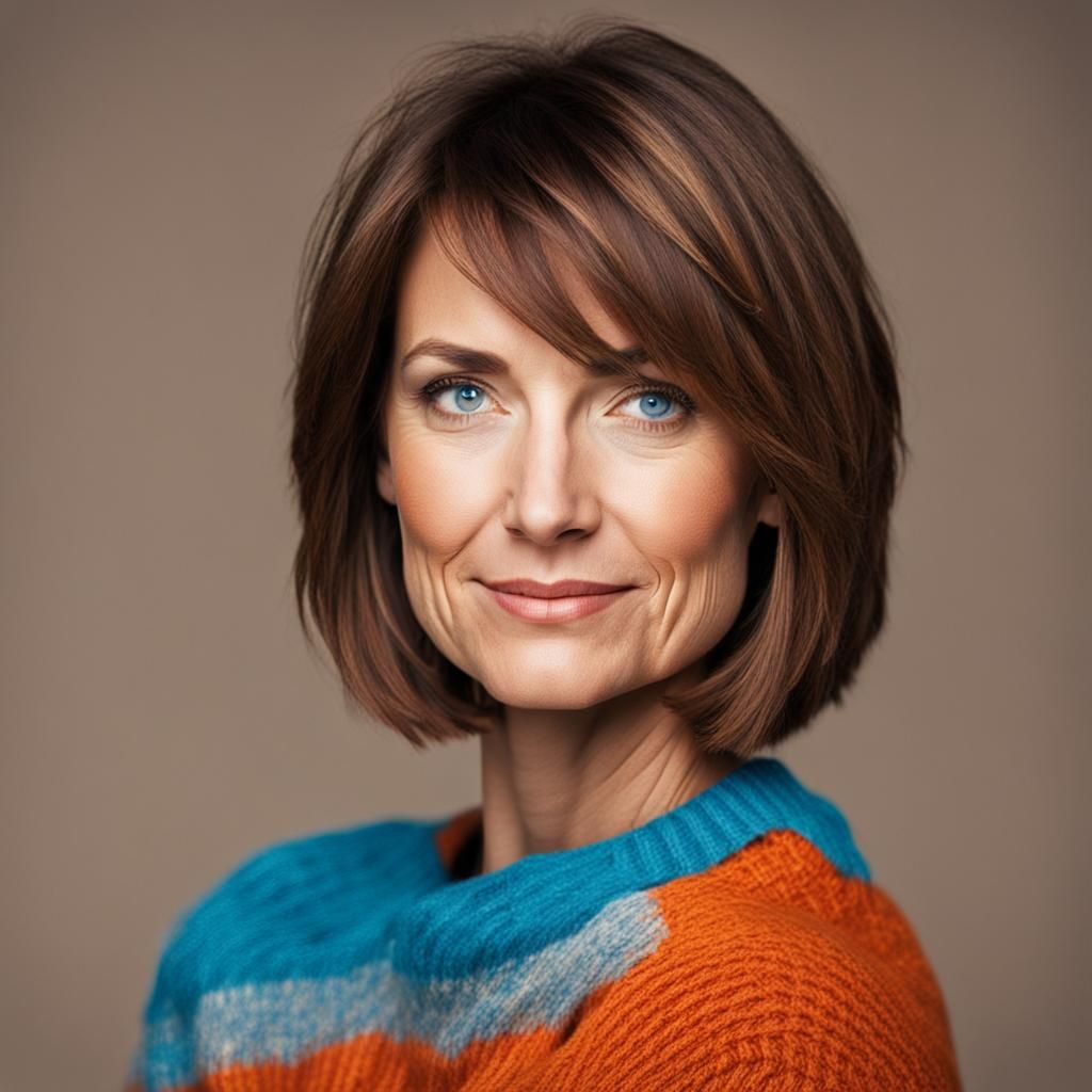 Slender Woman with Brown Bob and Blue Eyes