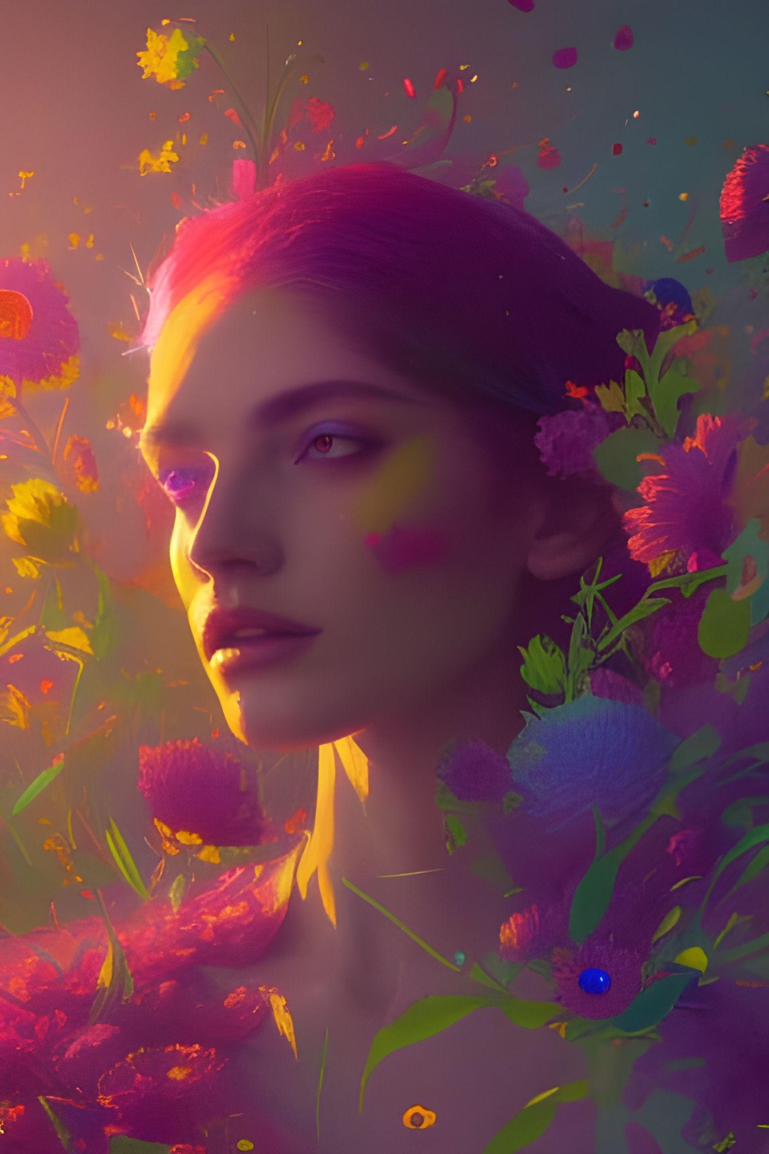 Psychedelic Floral Woman: Hyperdetailed Concept Art