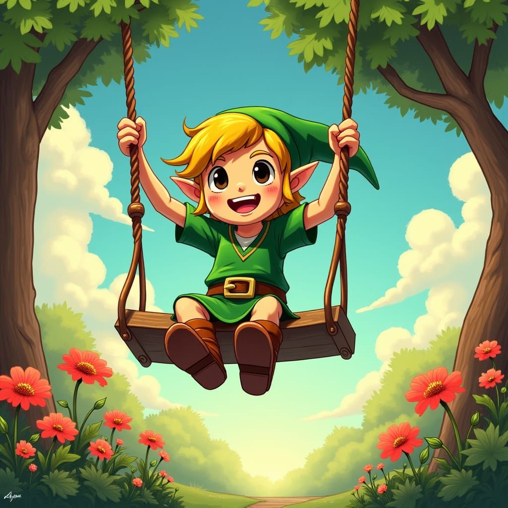 Happy Link on Swings in a Park