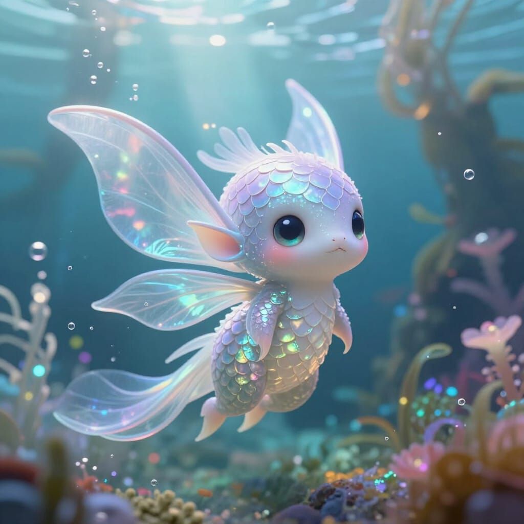 Kawaii Chibi Water Fae Creature in Luminous Digital Art