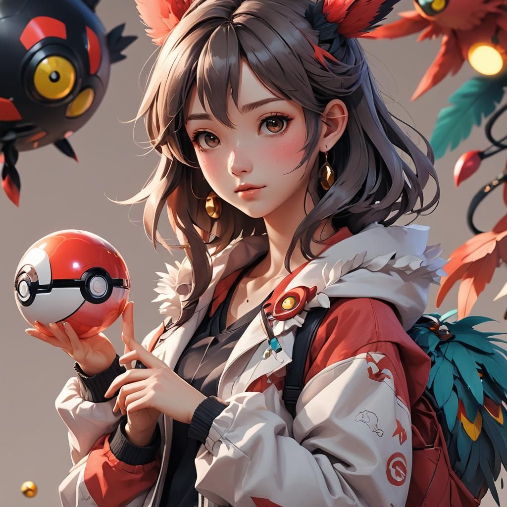 Girl with Pokeball and Eevee in Anime Style