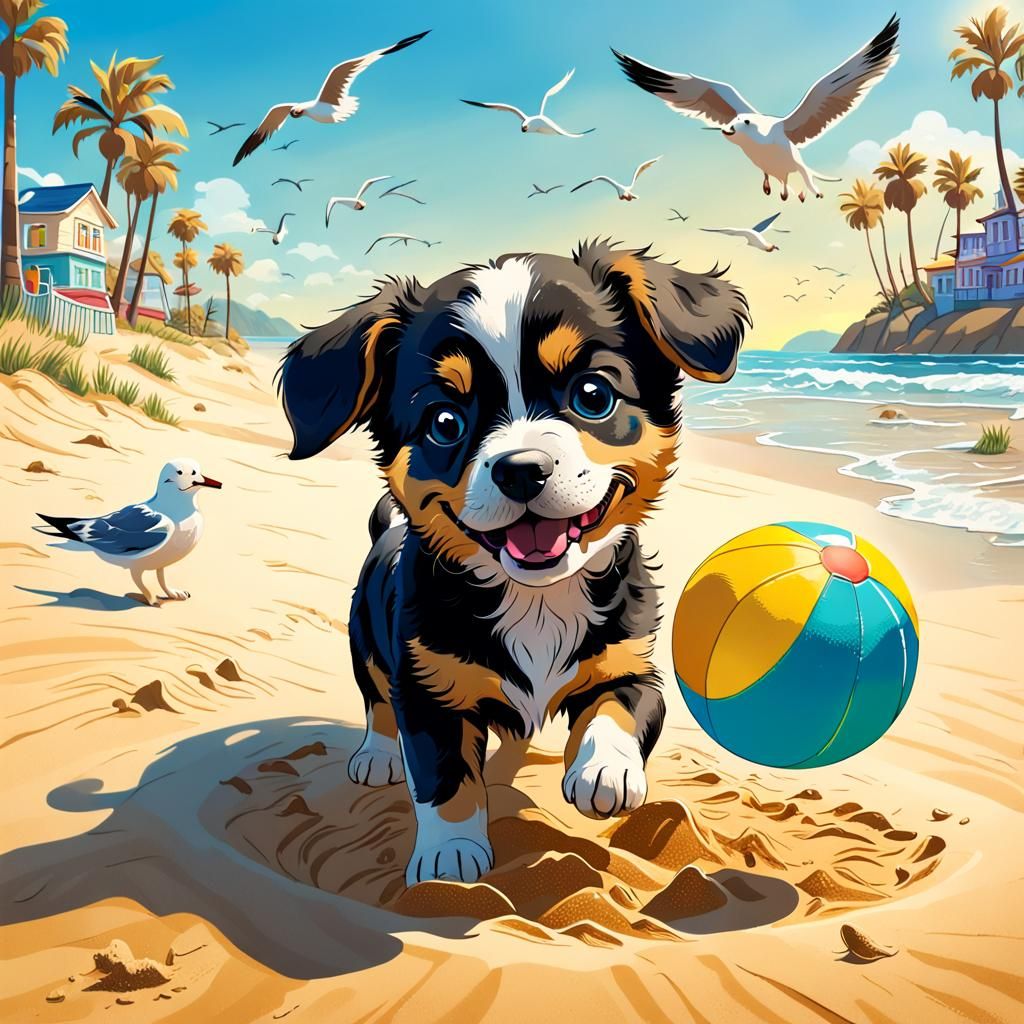 Joyful Puppy Digging in Sand: Children's Book Illustration