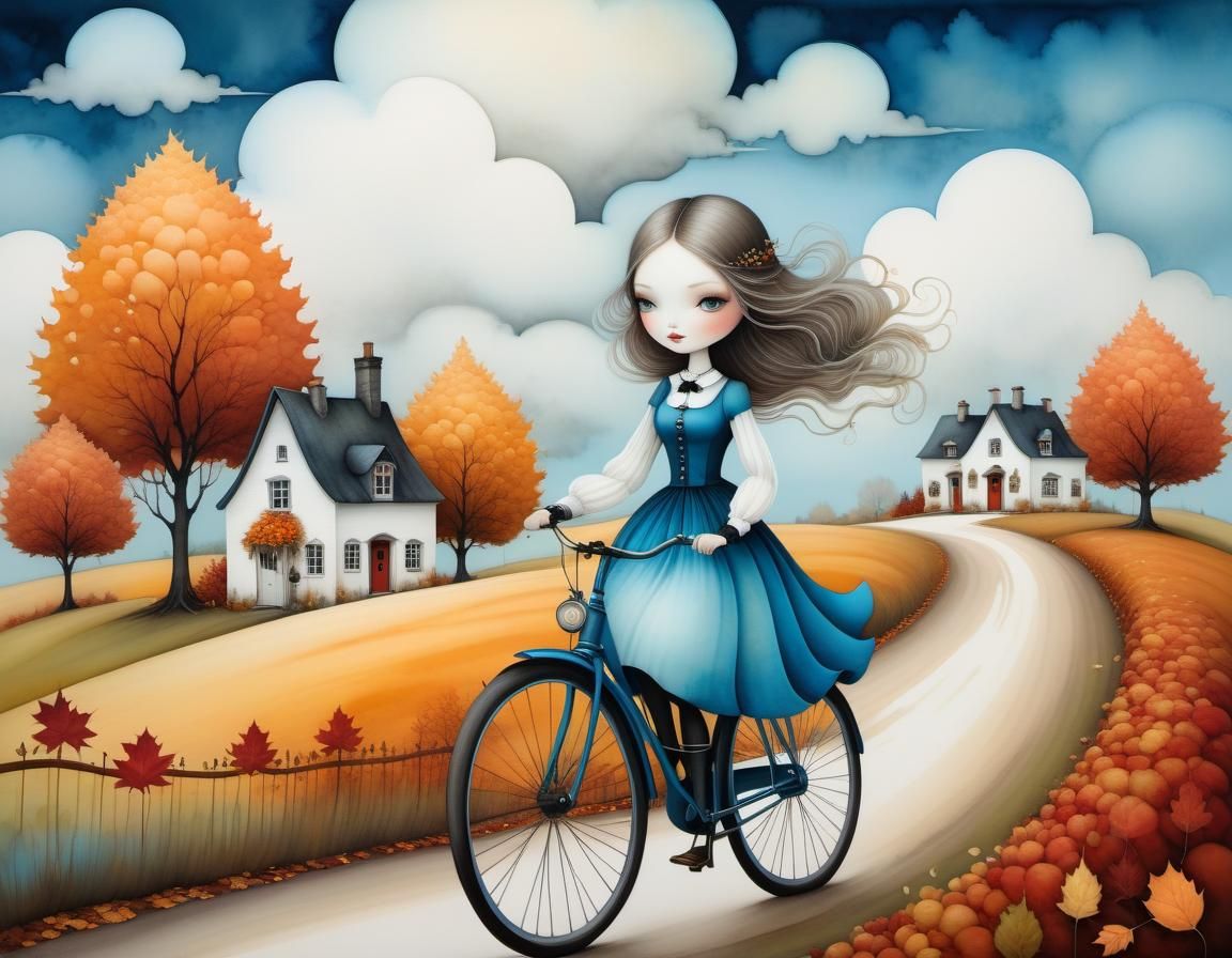 Girl Cycling Through Autumn Landscape in Alcohol Ink Style
