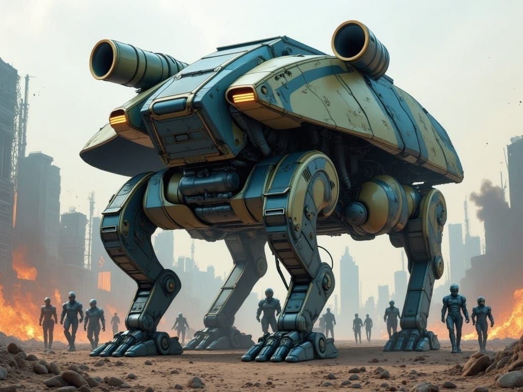 Quadrupedal Mobile Armor in Ruined Cityscape
