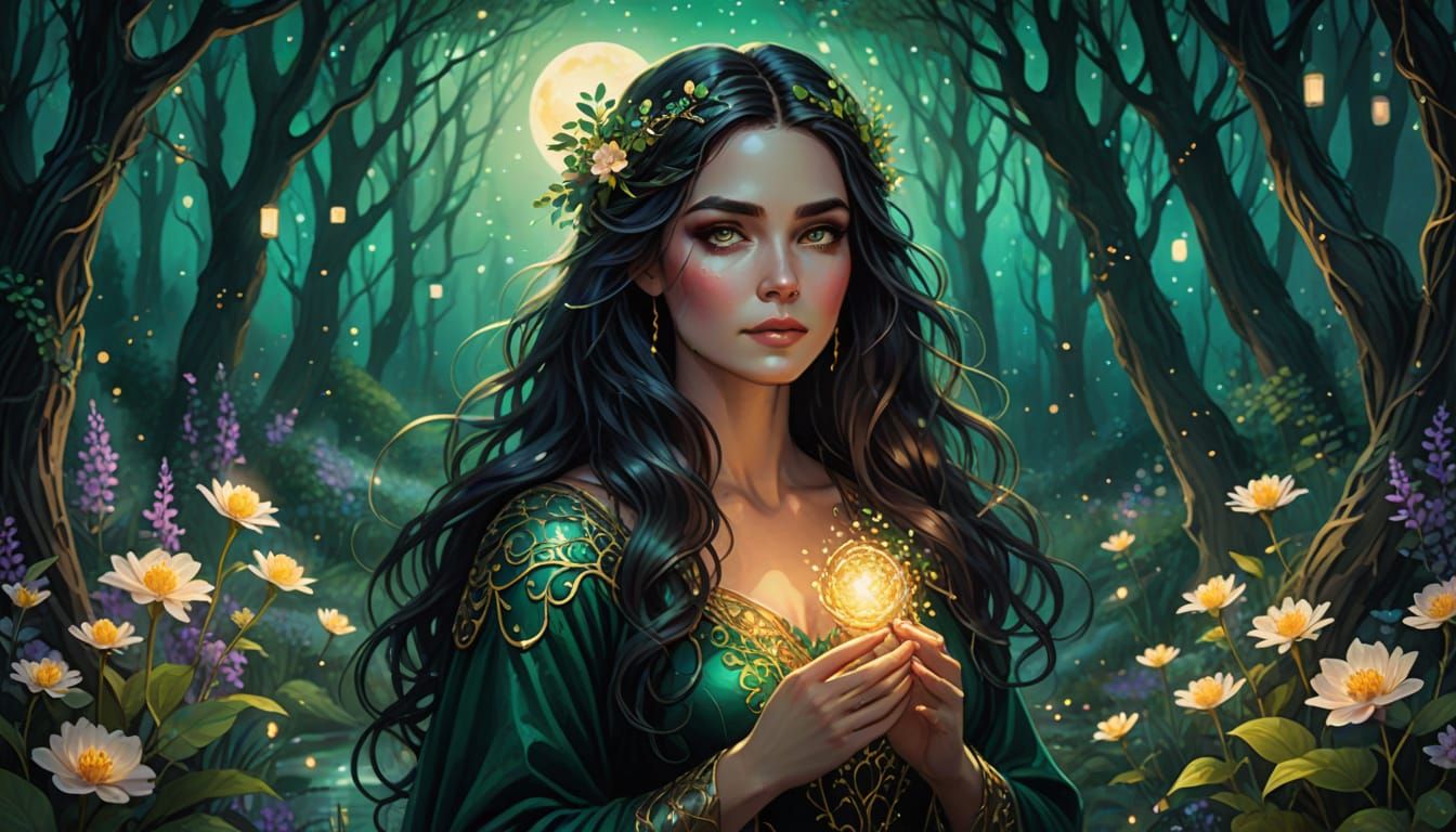 Mystical Enchantress in Moonlit Forest Glade
