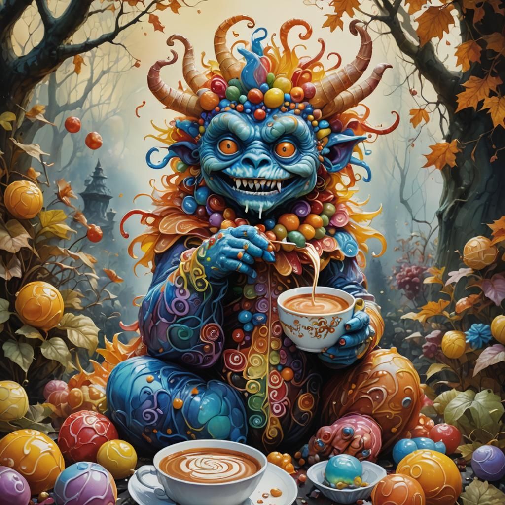 Candy Monster in Autumn Garden, Gouache and Watercolor