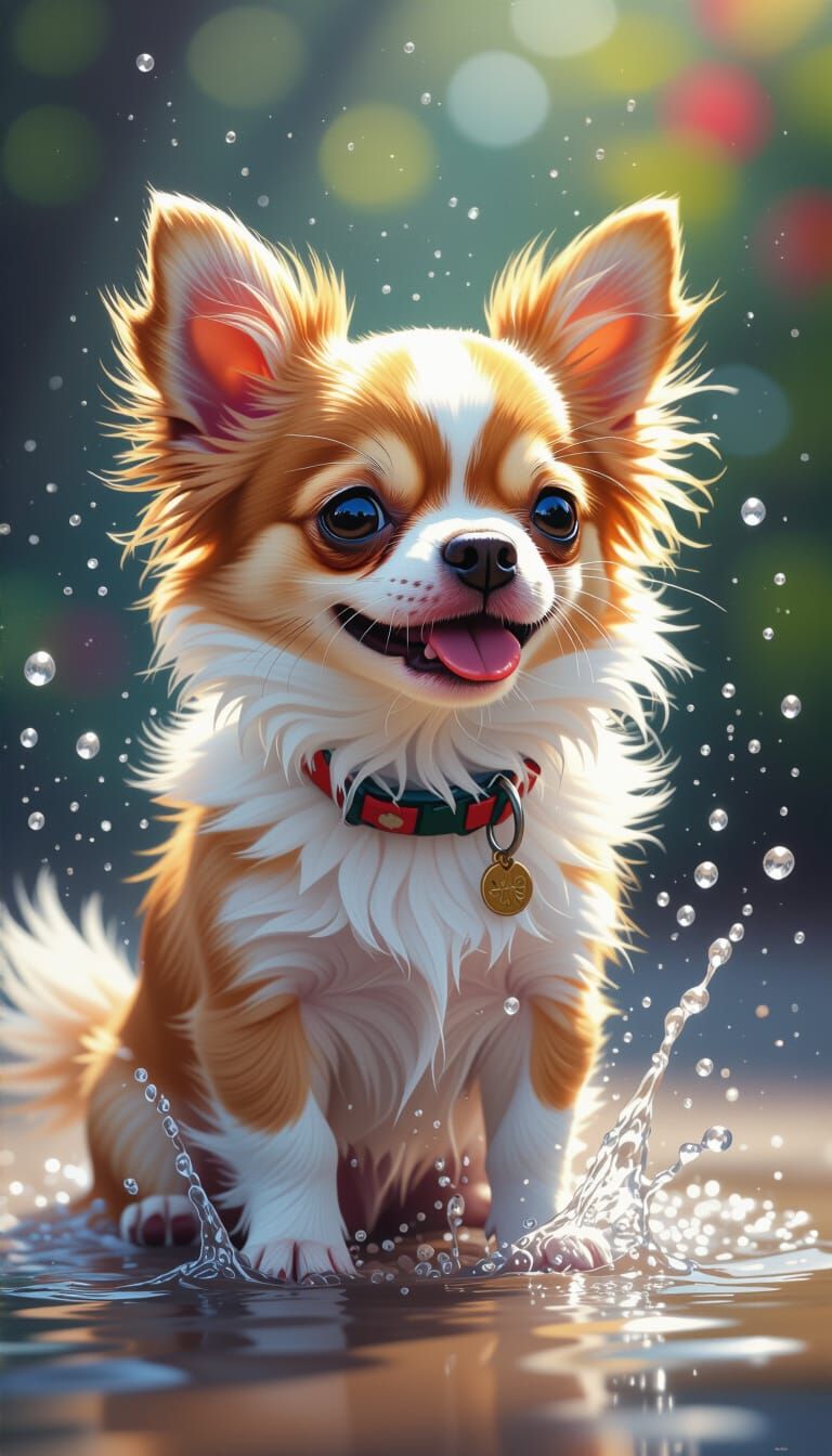 Hyperrealistic Chihuahua Garden Scene in Splash Art