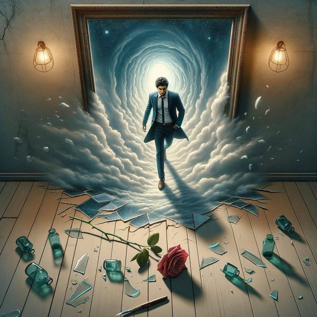 Surreal Detective Emerges from Portal Painting