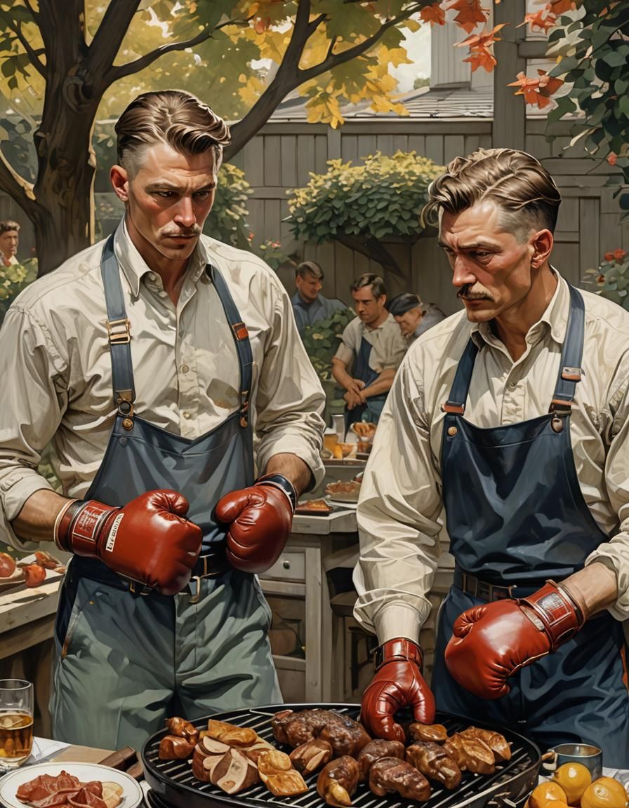 Boxers Train with Barbecue, Art Nouveau Style