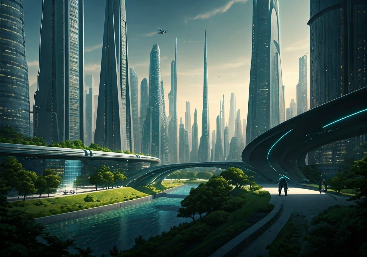 Engineering drawing of a planned city of the future, sharp and clear, sci-fi, space-age, clean air, trees, plants, mass ...