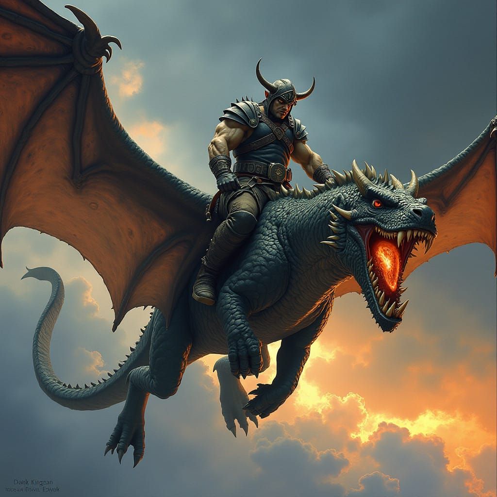 Dark Fantasy Warrior Soars on a Fire-Breathing Dragon