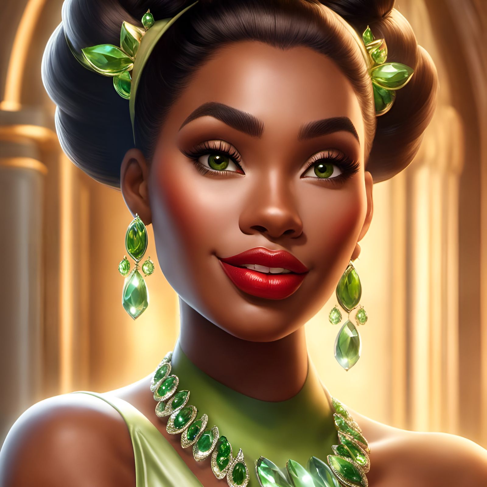 Gorgeous Princess Tiana with Green Jewels, 3D Render