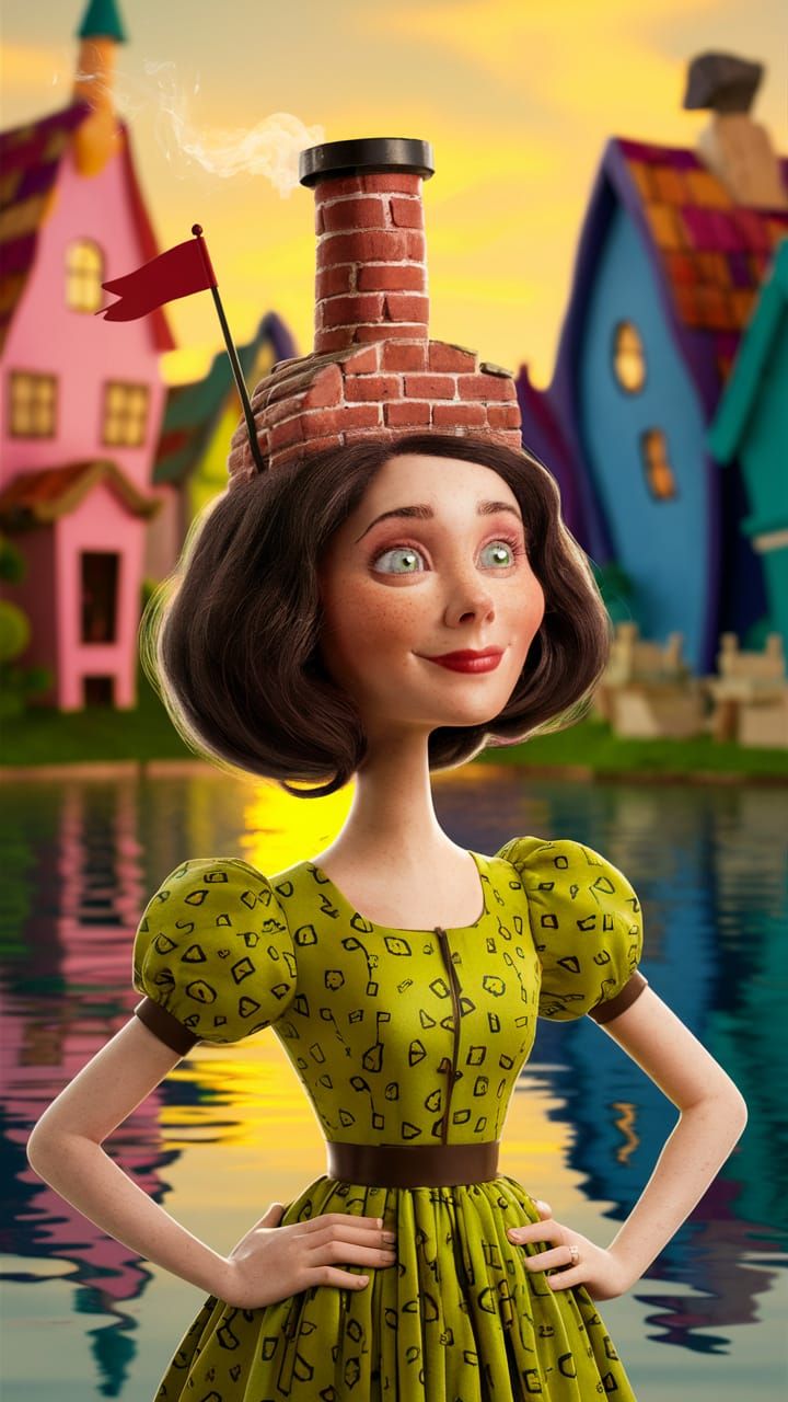 Imaginative Woman with Chimney Hat in Whimsical Village