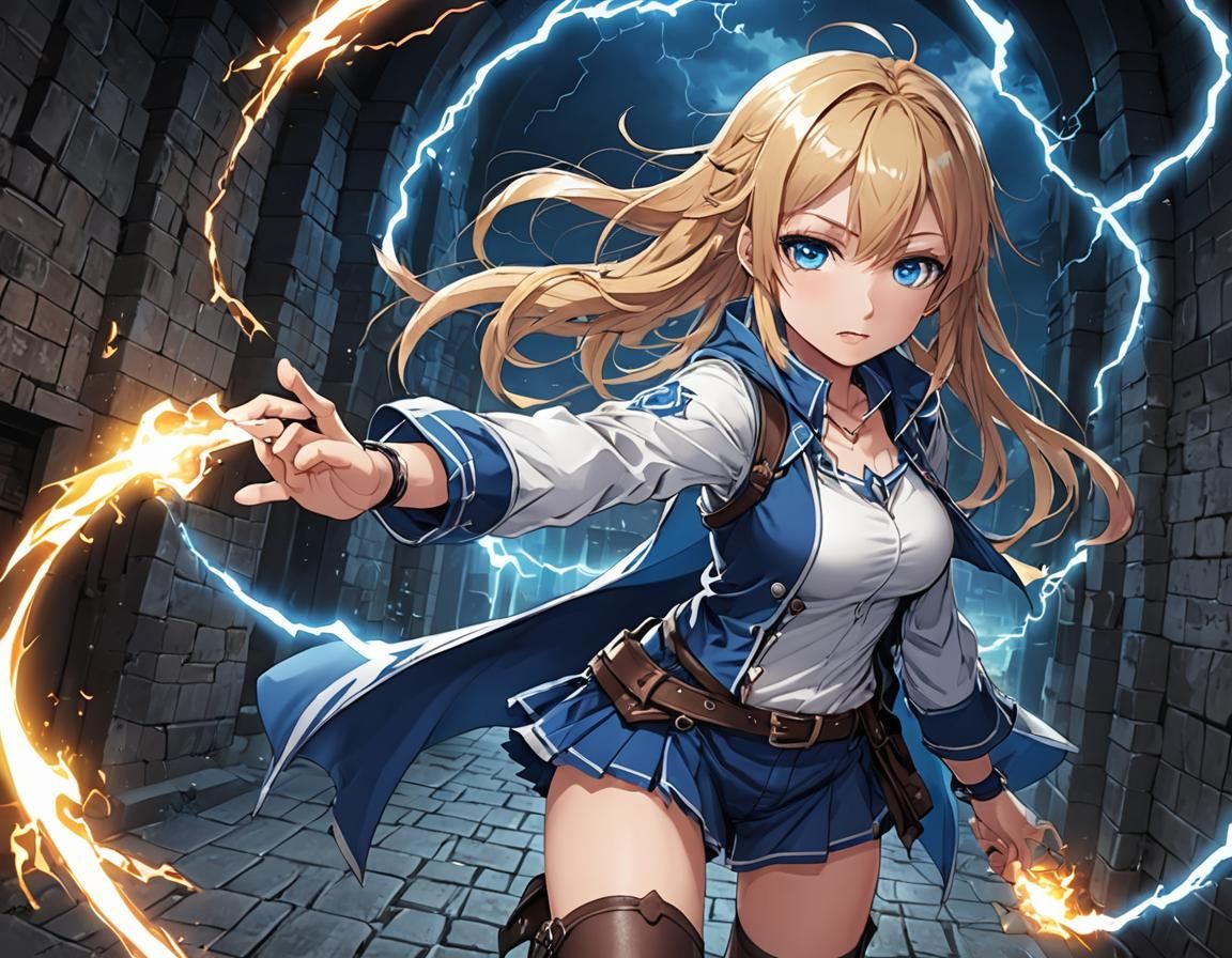 Anime Girl Wields Lightning Magic in Dungeon