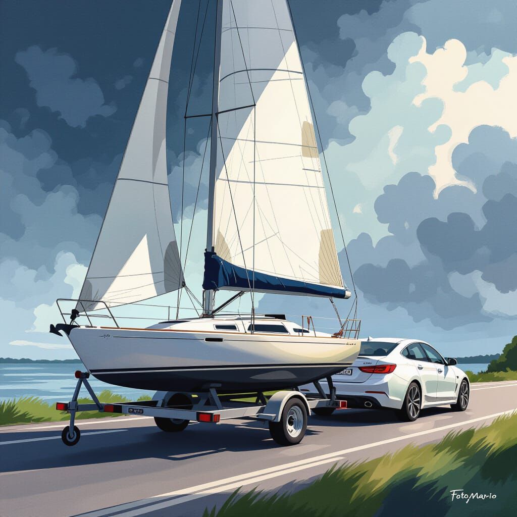 Sailboat Transported by Car in Watercolor Comic Style