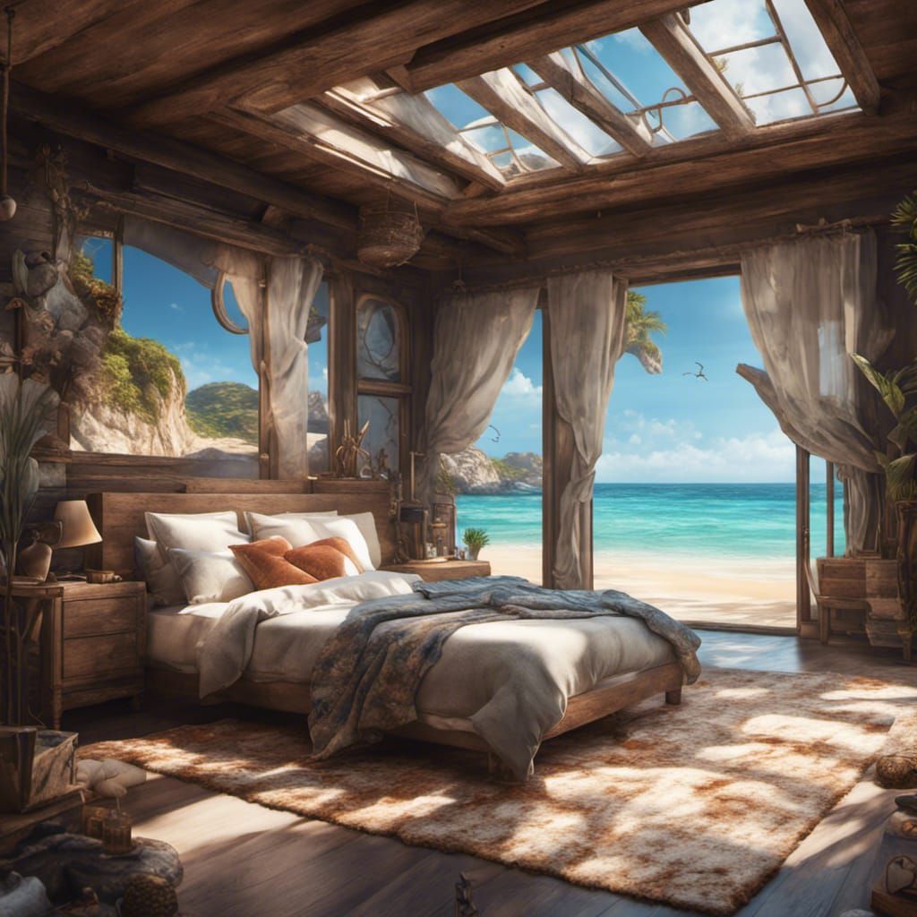 Beachfront Bedroom in Detailed Matte Painting Style