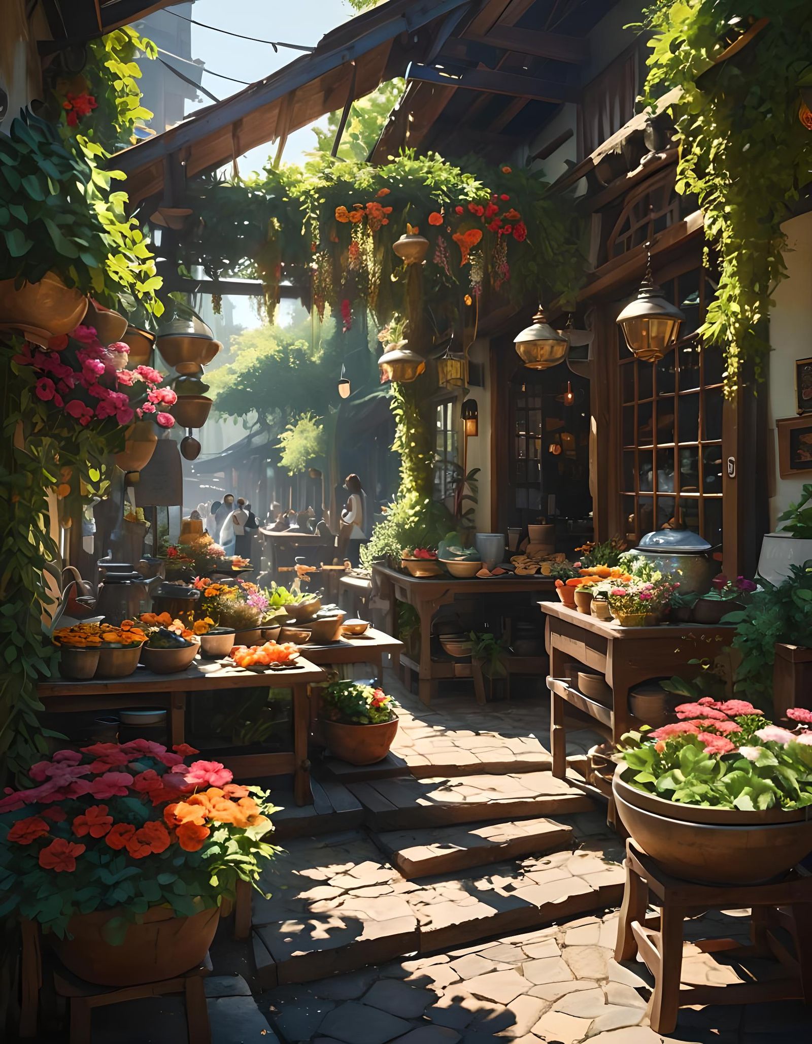 Magical Flower Market in Sunlight: Digital Illustration