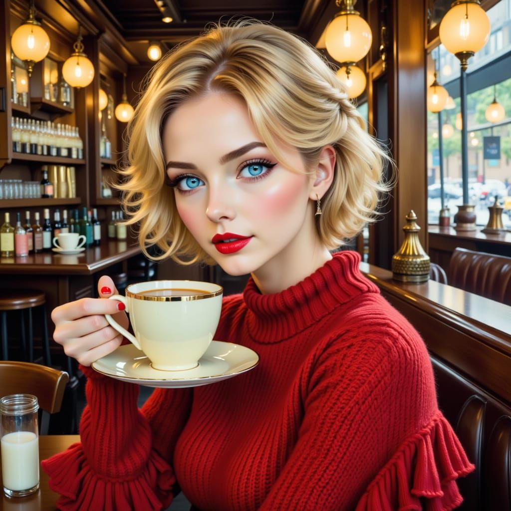 Blonde Woman Enjoys Tea in Cozy Restaurant