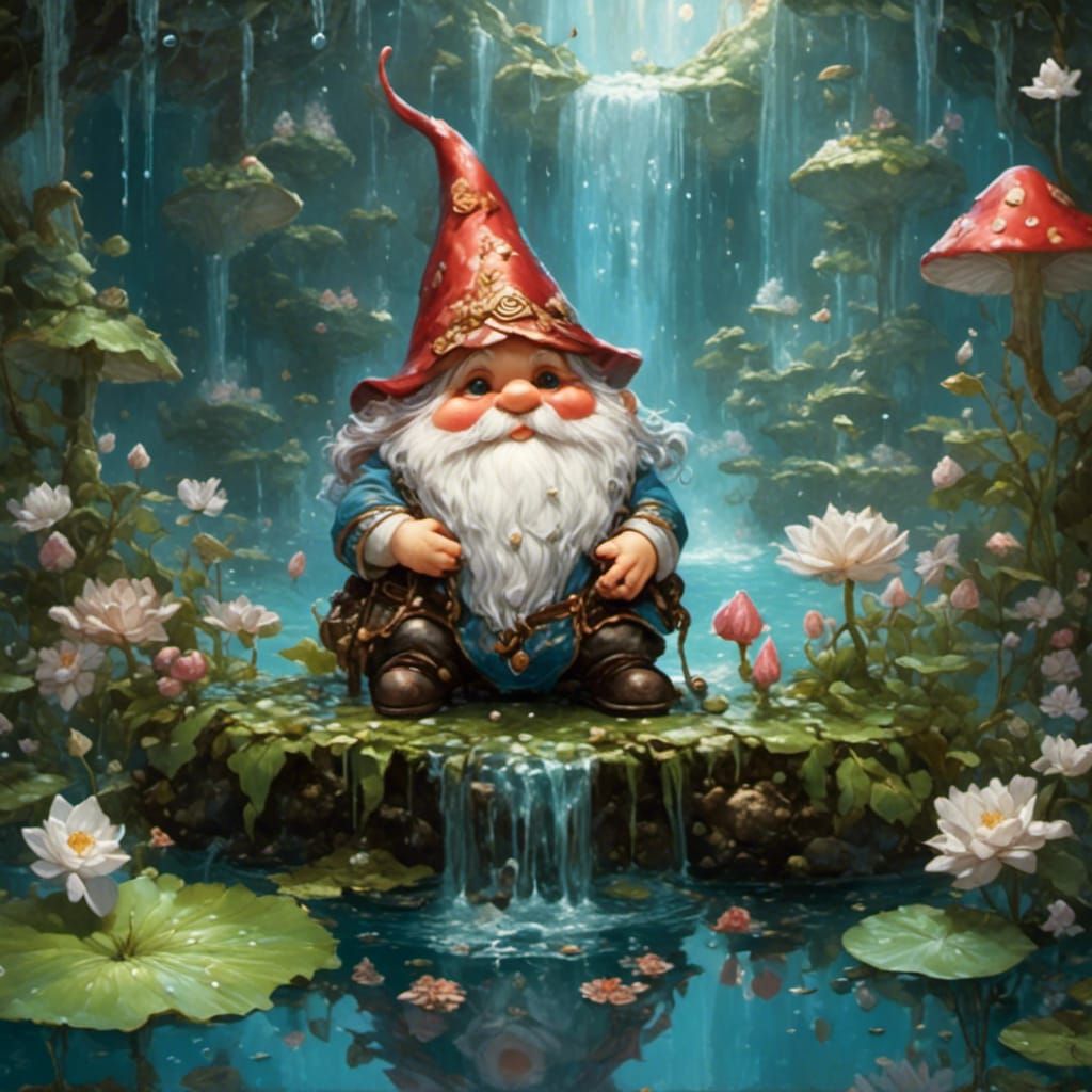 Gnome on Lily Pad in Pond with Waterlilies