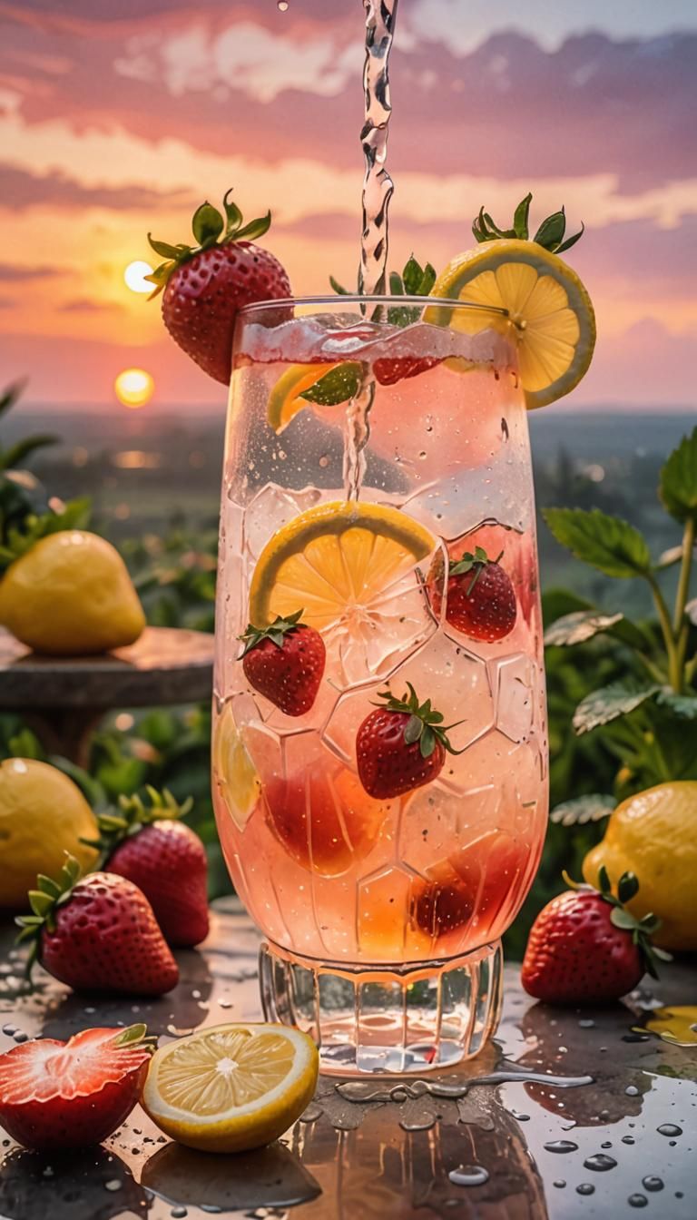 Vibrant Strawberry Lemonade with Watercolor Sunset