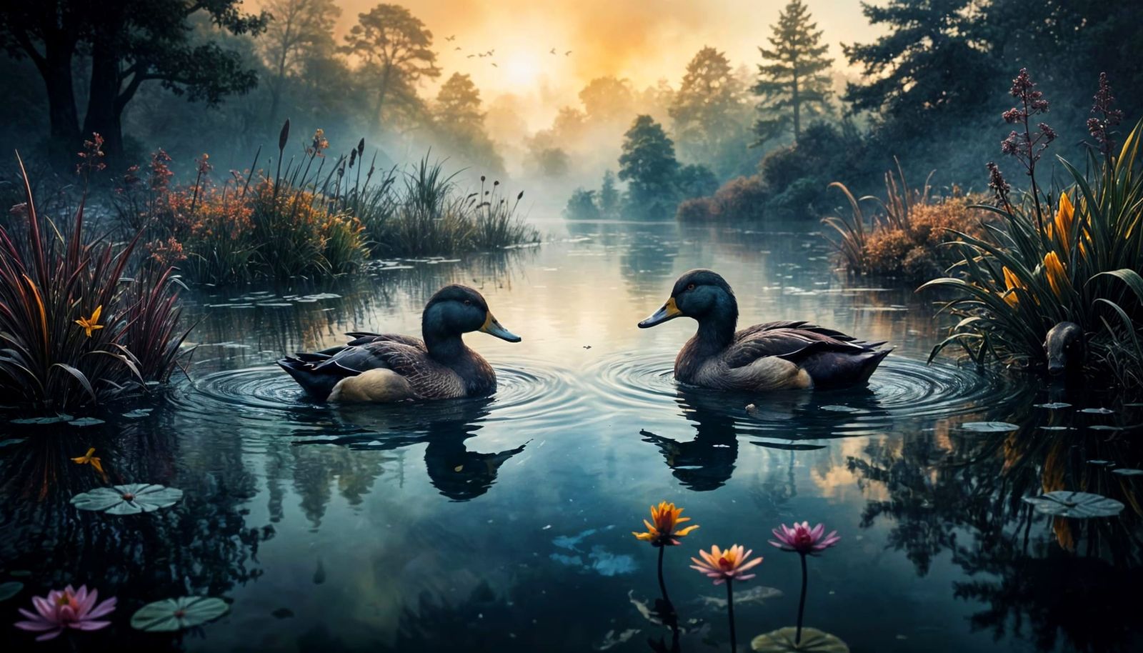 Dreamy Double Exposure Art of Ducks in Foggy Landscape