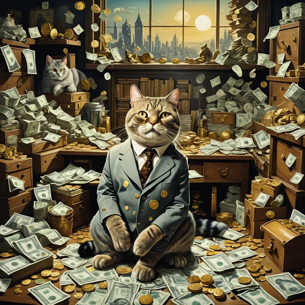 Surreal Fat Cat in Suit Surrounded by Money