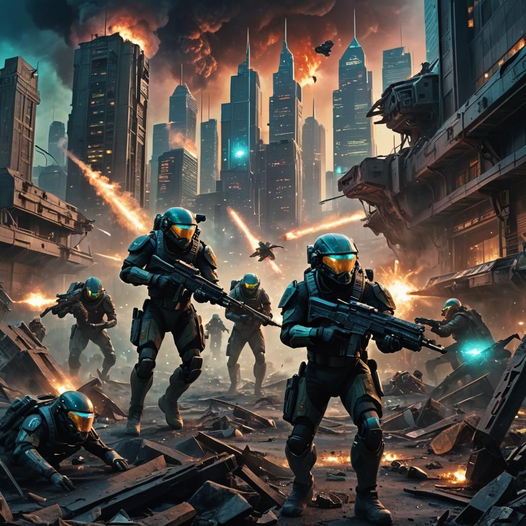 Futuristic City Under Alien Invasion in Oil Painting Style