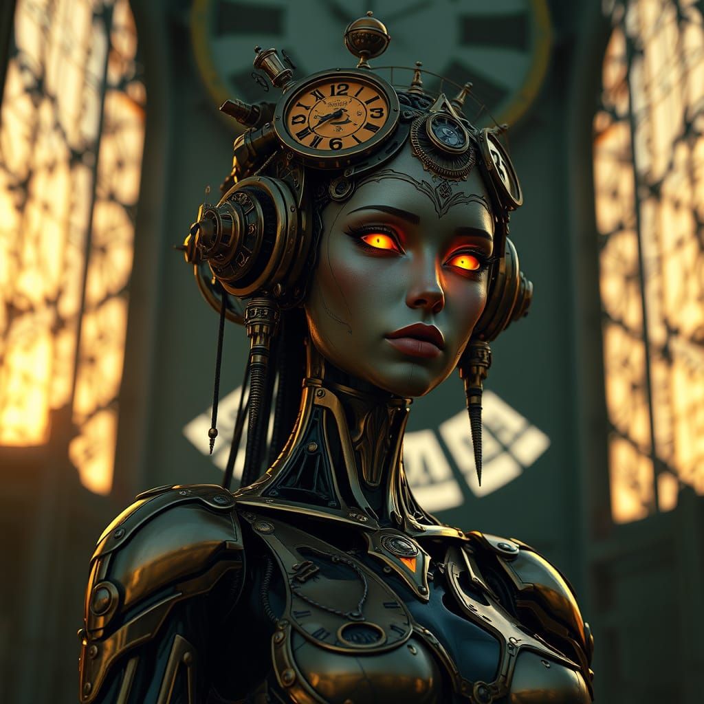 Steampunk Automaton in Clock Tower, Hyperrealistic Digital A...