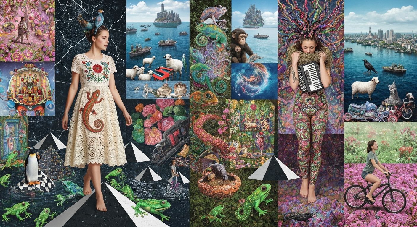 Surreal Dancer on Pyramids with Glowing Frogs