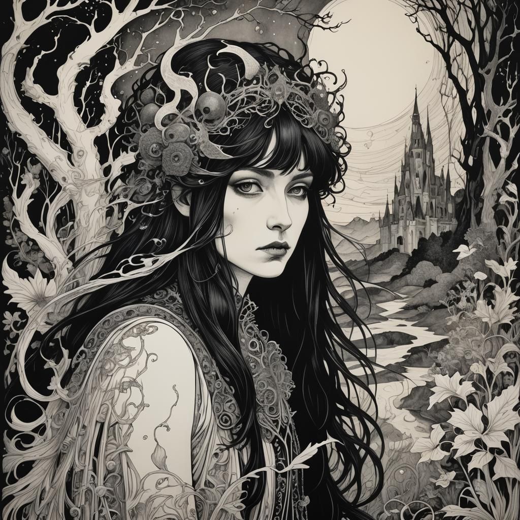 Gothic Fantasy Art: Detailed Black Ink Drawings