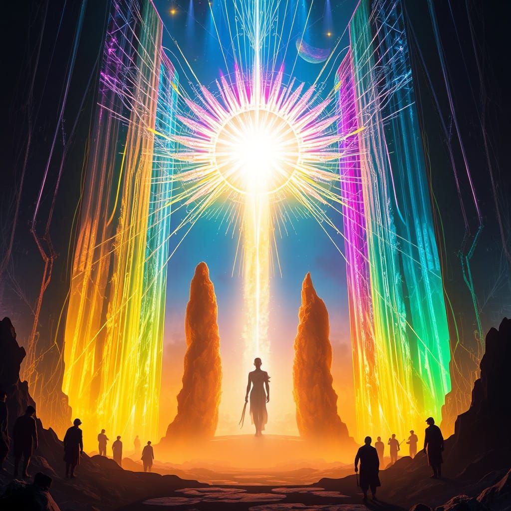 Ethereal Being Amidst Vibrant Crystalline Pillars