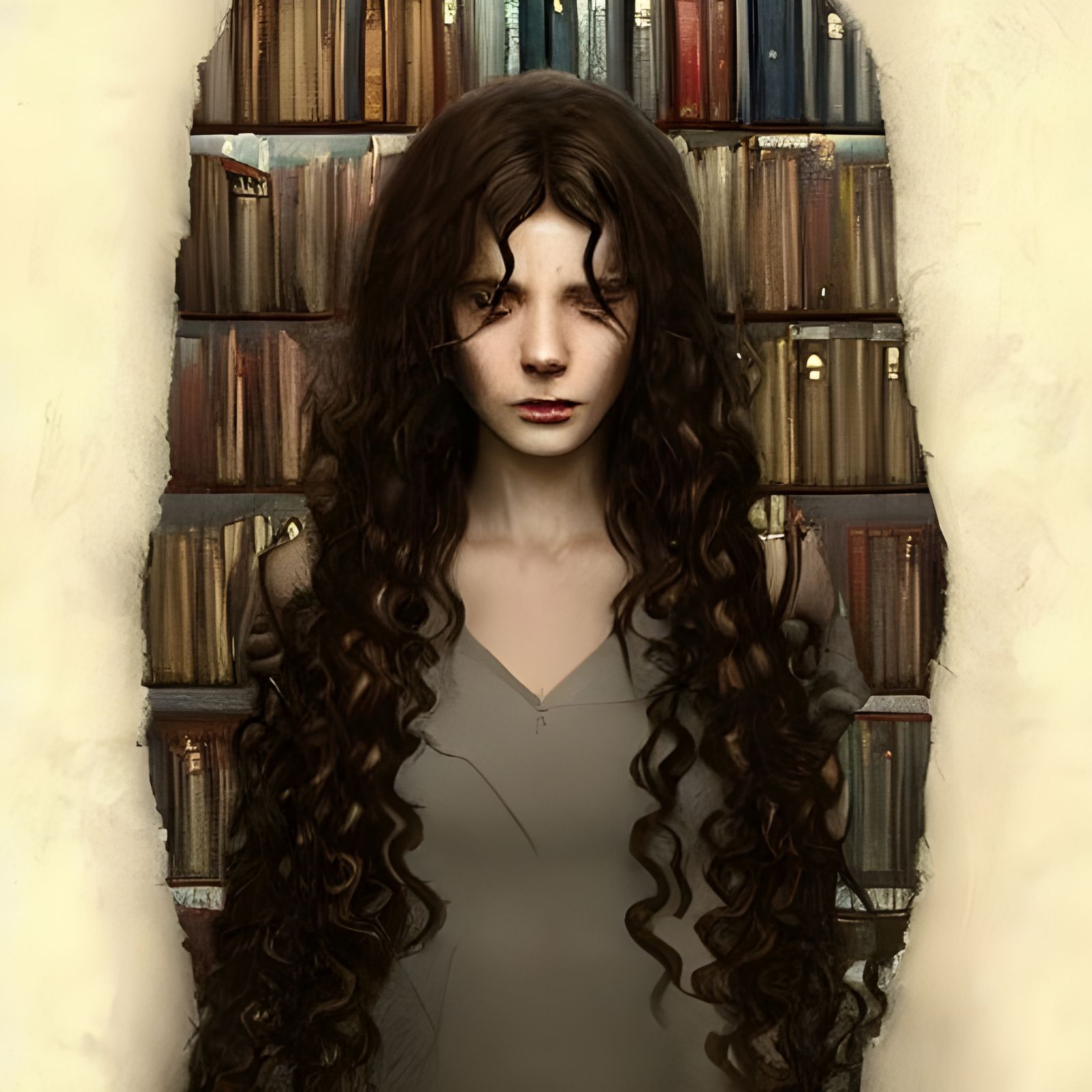 Elf-like Librarian in Dark Library, Digital Art