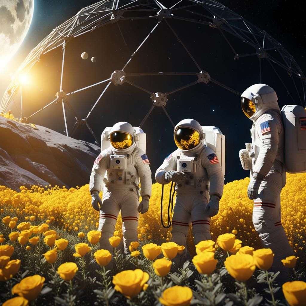 Astronauts Tend Lunar Flowers in Geodesic Dome