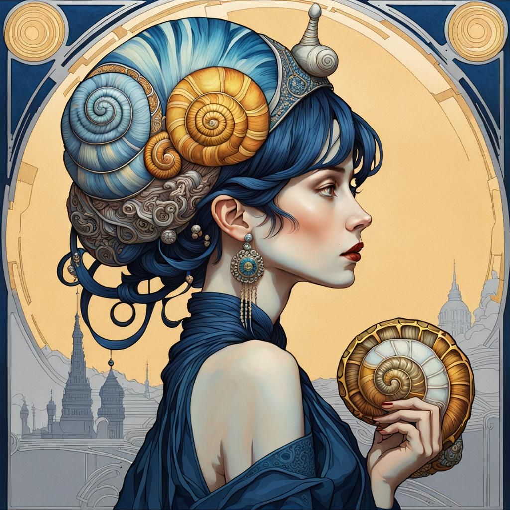Woman with Snail Shell Hat in Art Nouveau Style