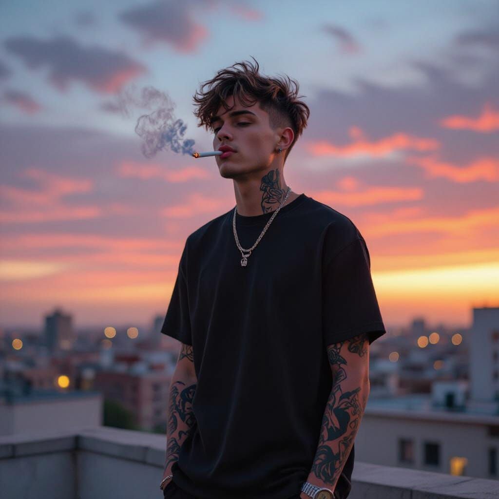 Tattooed Man on Rooftop Watching Sunrise