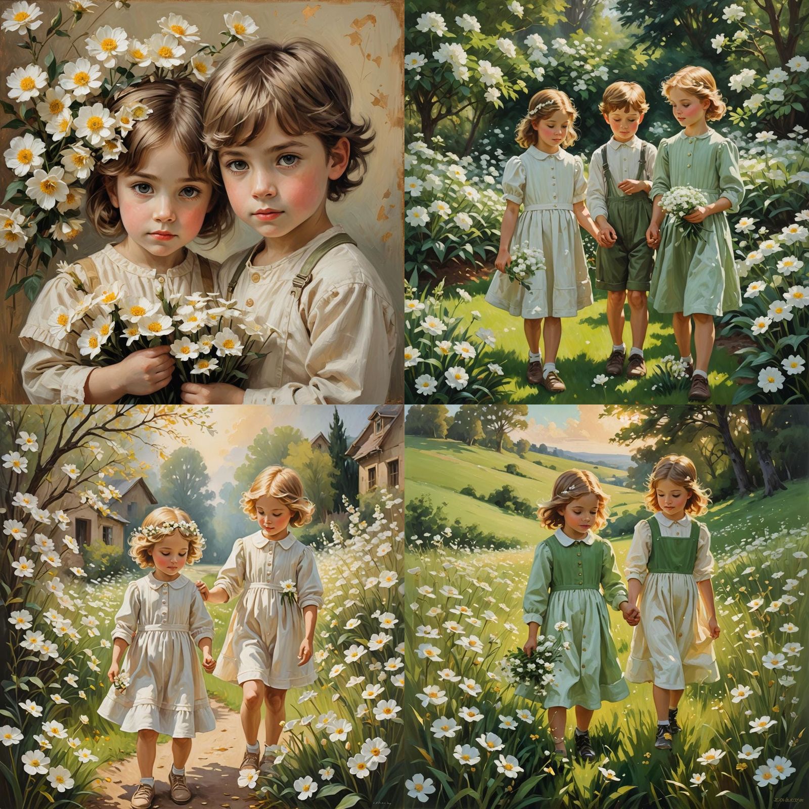 Children with Flowers: Pencil and Oil Painting