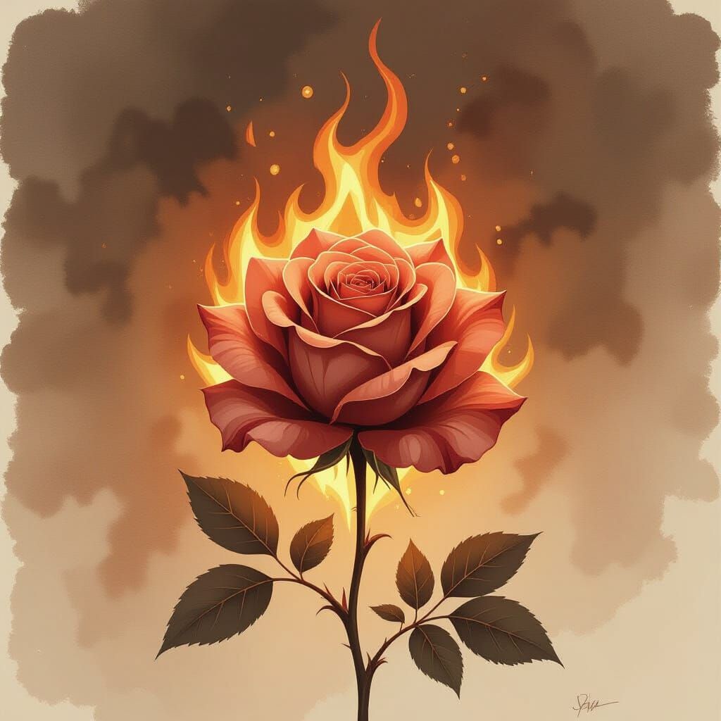 Fiery Rose in Sepia Tones, Watercolor and Charcoal Textures
