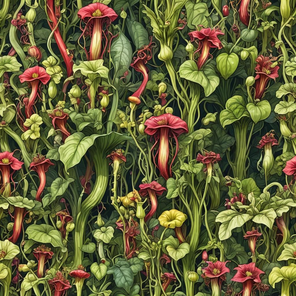 Carnivorous Zucchini Plant with Blooms and Vines