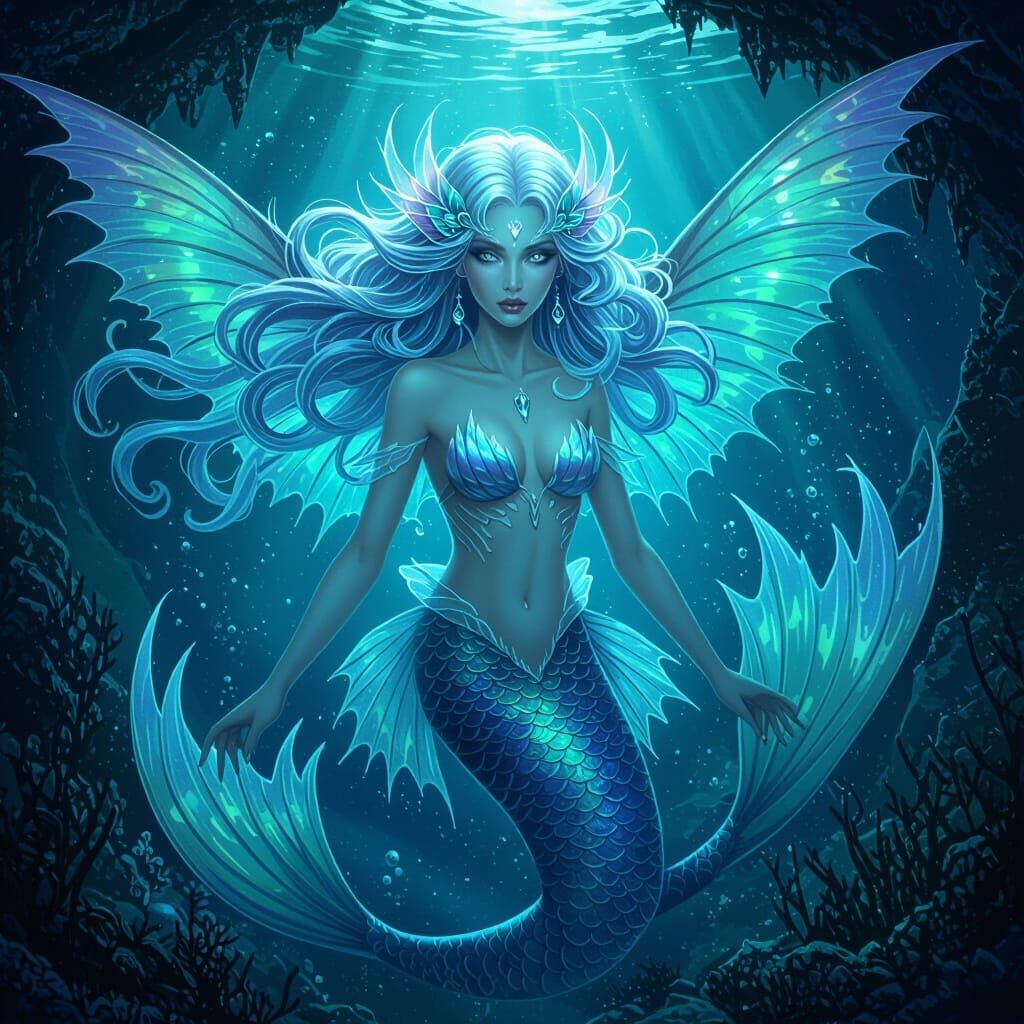 Mermaid Siren Banshee Hybrid in Bioluminescent Grotto