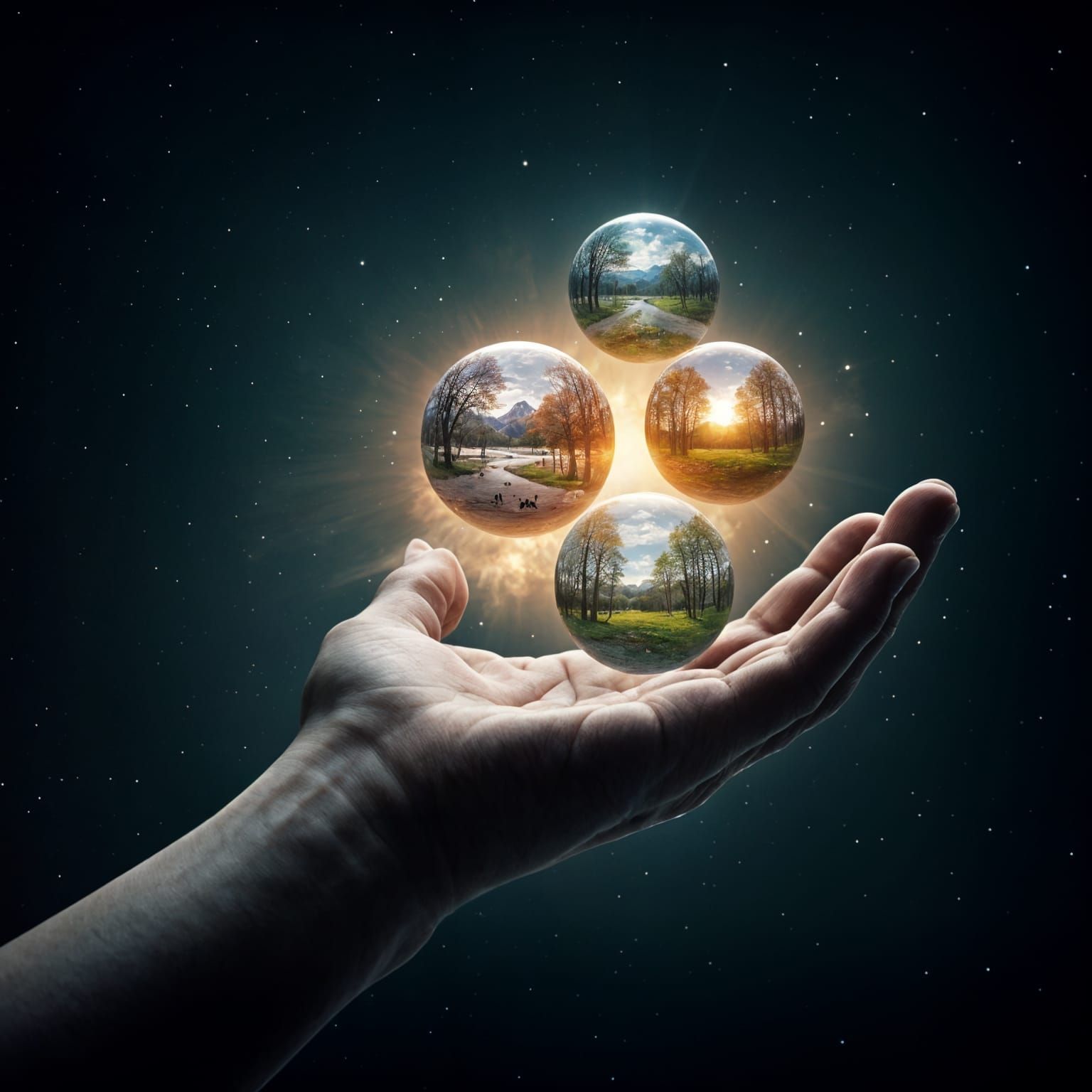 Giant Hand in Space Holding Seasonal Orbs