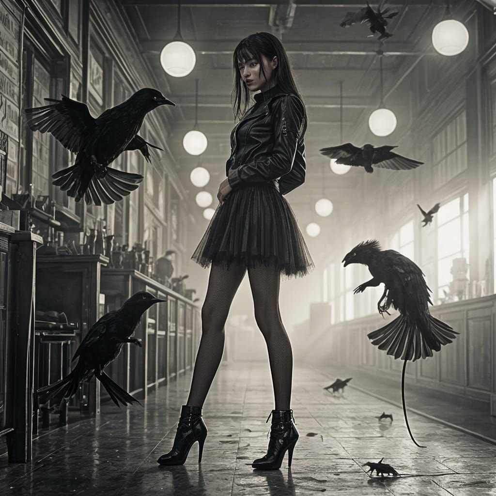 Goth Fashion Model in Dark Coffee Shop, Rats and Birds, Hars...