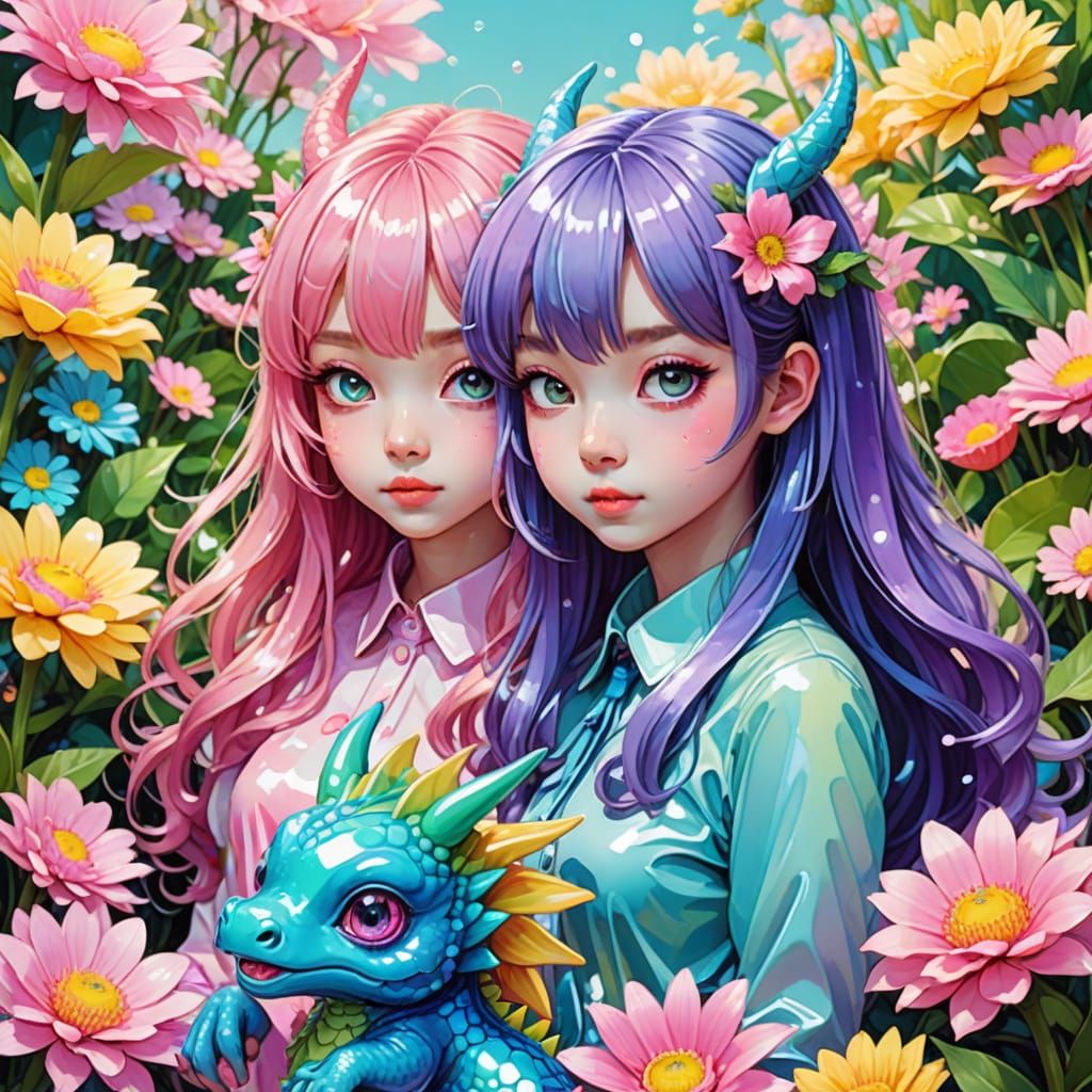 Dreamy Anime Dragons Play in Whimsical Garden