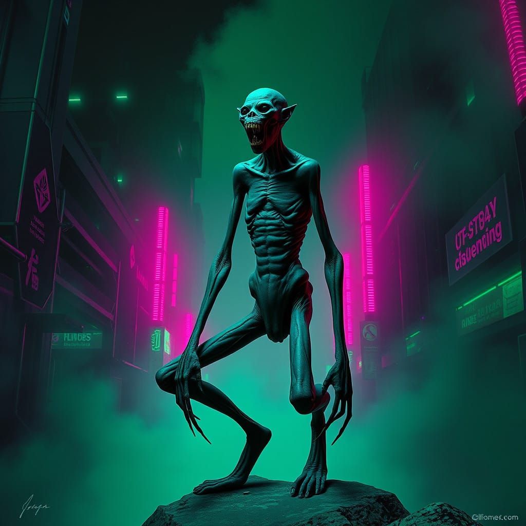 Surrealist Figure in a Dark, Neon Cityscape with Elongated L...