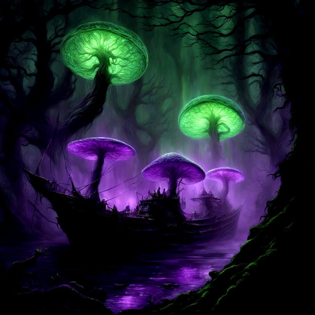 Ship sailing through eldritch forest