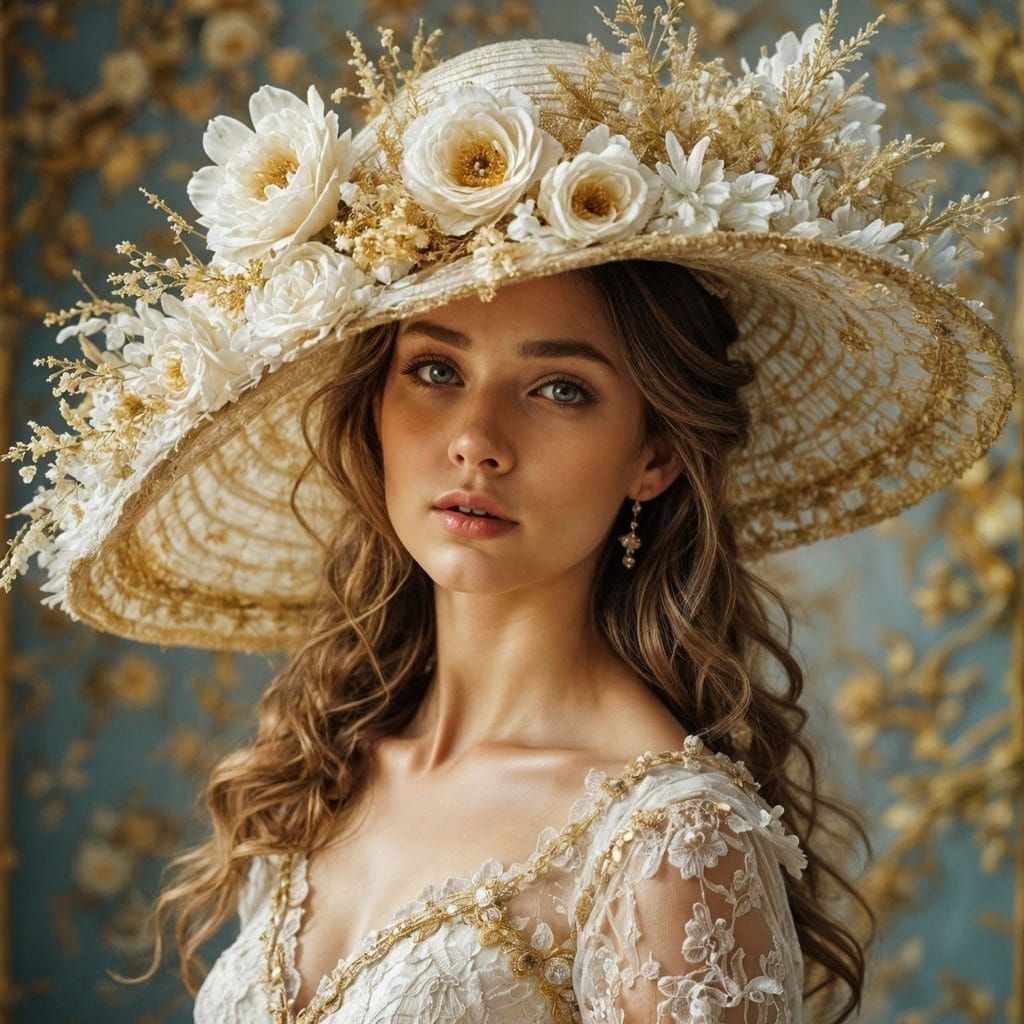 Beautiful Lady with Intricate Hat in Baroque Style