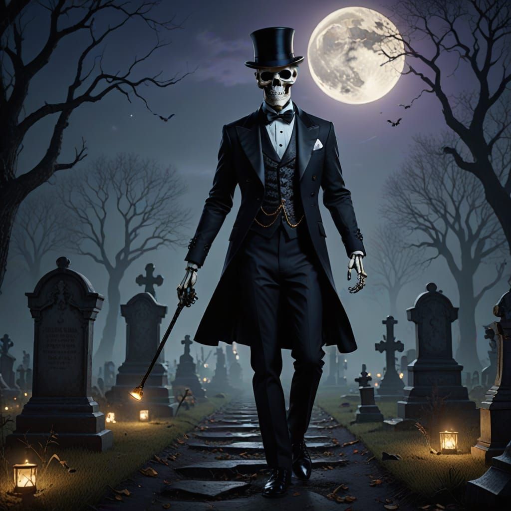 Ethereal Skeleton in Tuxedo Strolls Through a Misty Cemetery