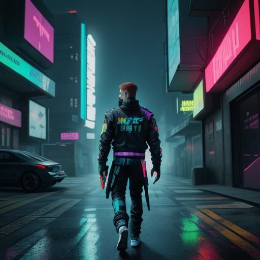 Cyberpunk Eagle Soaring Through Neon Cityscape