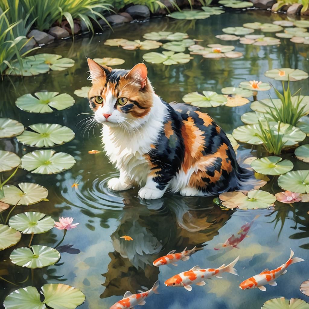 Calico Cat by Koi Pond in Impressionist Watercolor